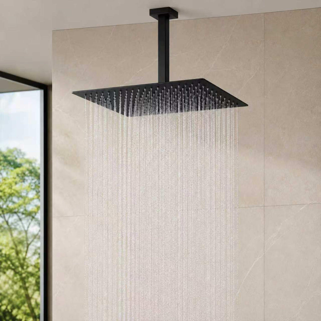 Black Rainfall Shower Head 16 Inch Square Ceiling Mounted Showerhead, Ultra Thin Stainless Steel Overhead Shower