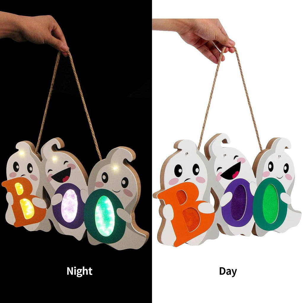 Halloween Door Decor Hanging Sign, BOO Ghost Halloween Door Hanger with Light for Front Door Decorations Outdoor - Set of 3