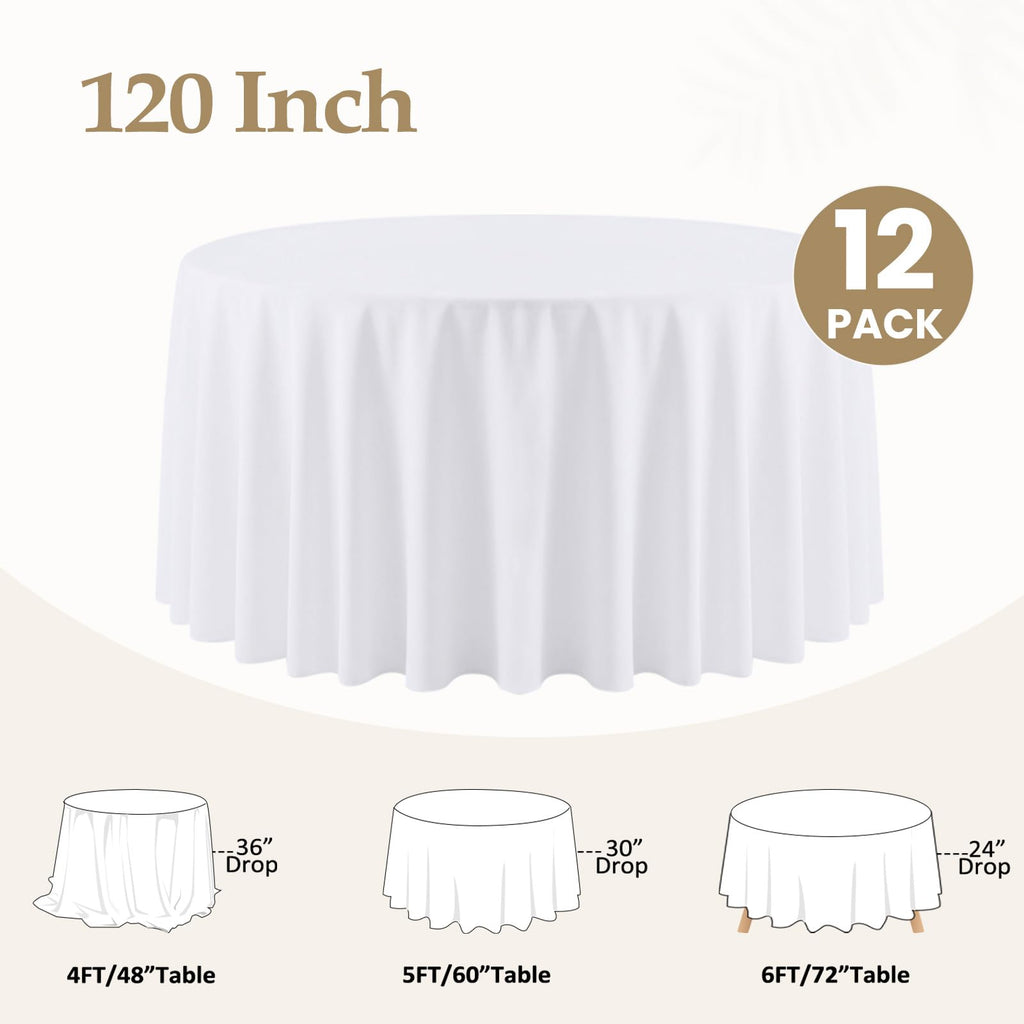 120 Inch White Round Tablecloth for 48"-96" Table, 12 Pack