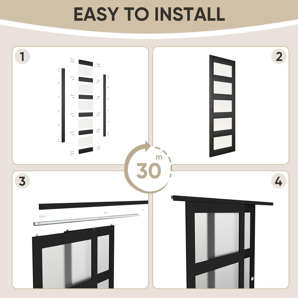 48" x 80" Sliding Closet Door, 5-Lite Frosted Glass Bypass Door with Hardware Kit & Matching Fascia,
