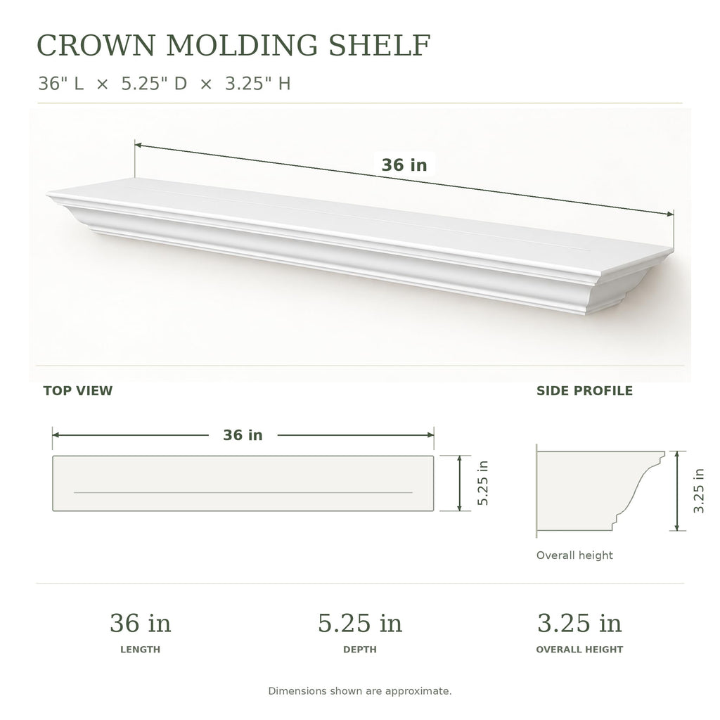 36" White Floating Shelf, Solid Pine Crown Molding Mantel Shelf