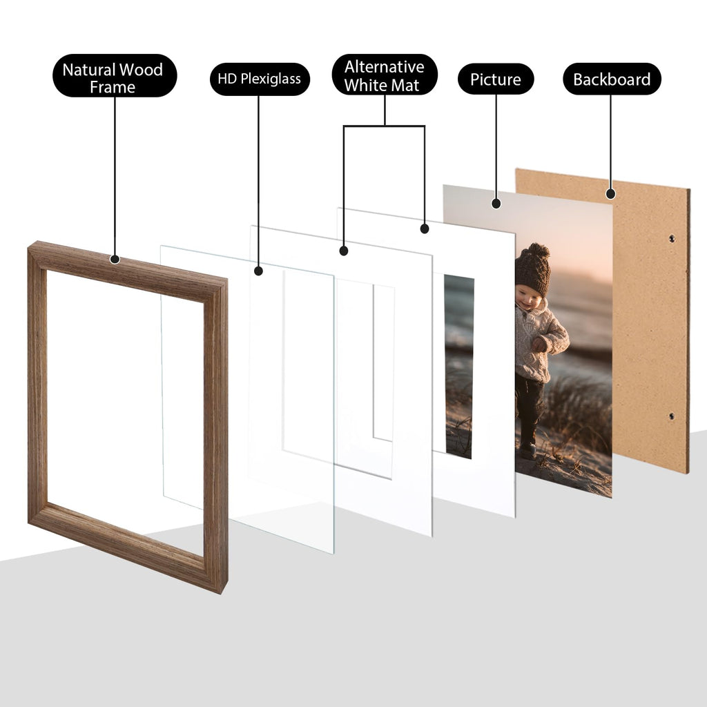 12x16 Picture Frame Rustic Brown Solid Wood 4 Pack, Mat 11x14/9x12