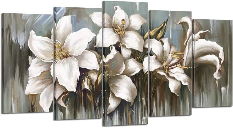 5 Panel Flowers Canvas Wall Art Modern Wrapped Floral Artwork Giclee Canvas Prints White and Grey Tulip Paintings on