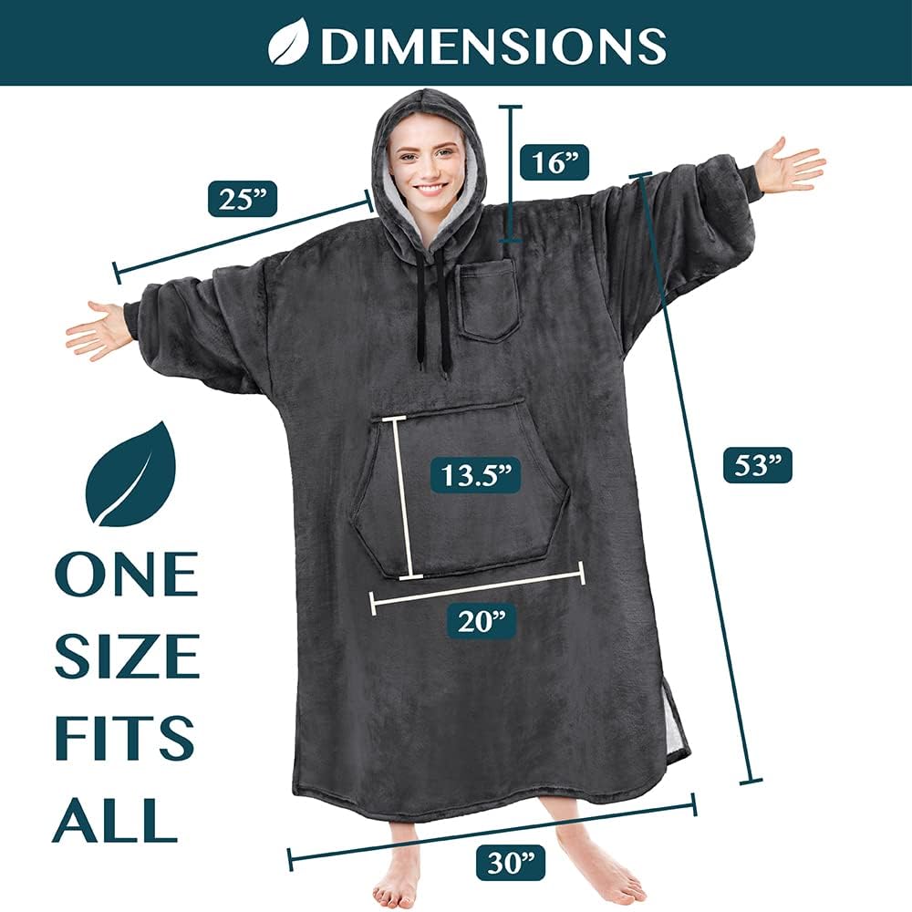 Blanket Hoodie for Women Grey, Sherpa Wearable Blanket Men, Cozy Oversized Sweatshirt Blanket, Warm Fleece Hooded