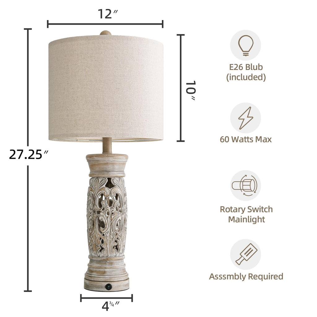 27.25"Farmhouse Table Lamps Set of 2 with Night Light, Rustic Bedside Lamp