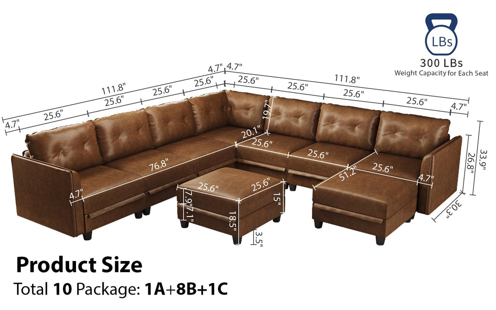 Brown Leather Modular Sofa Sectional Couch with Storage