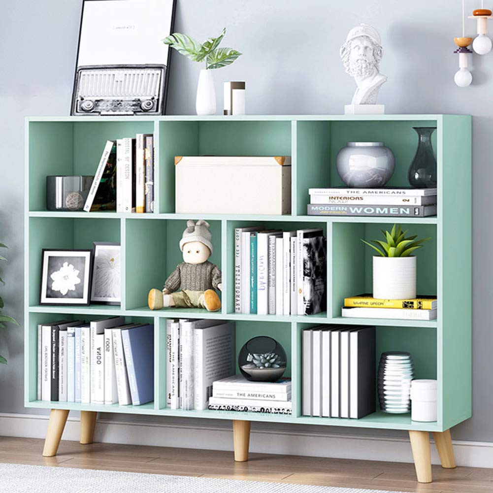 Wooden Open Shelf Bookcase - 3-Tier Bookshelf with Leg, Tiffany-Green