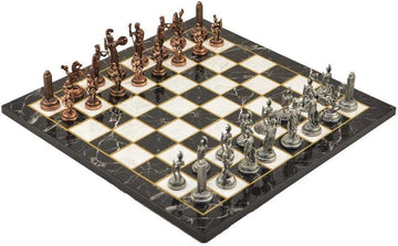 Metal Chess Set for Adults Greek Zeus Antique Copper Figures,Handmade Pieces and Marble Design Wooden Chess Board
