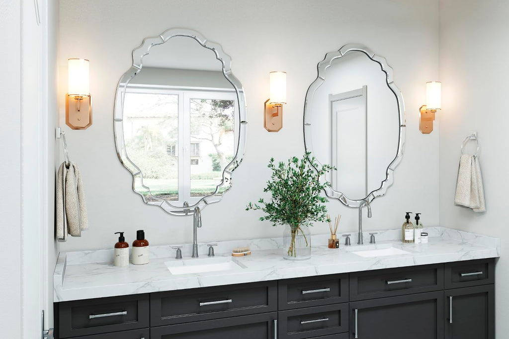 Modern Decorative Wall Mirror, 36'' x 24'' Scalloped Mirror with Beveled Glass Pieces, Large Wall Mirror, Mantel