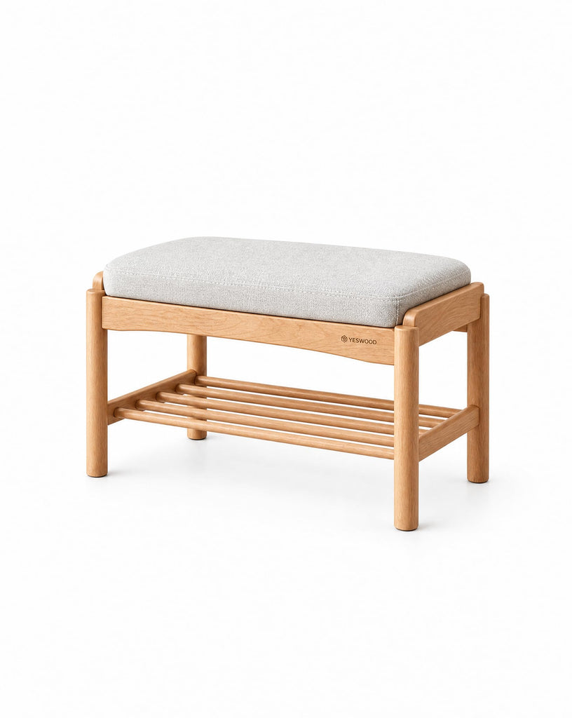 Solid Wood Shoe Bench with Light Gray Cushion for Small Entryways