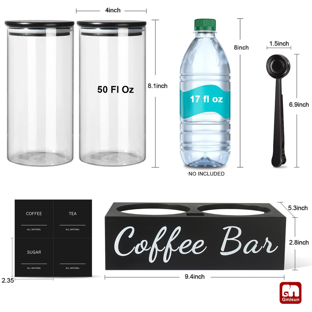 Coffee Container, 2 Pcs 50 Fl oz Airtight Bean Storage Canister, Black Glass Ground Coffee and Sugar Jar Set with