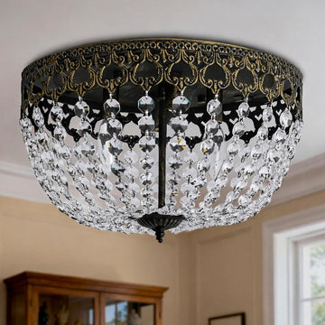 15" Vintage Ceiling Light, 4-Lights Bronze Crystal Flush Mount Chandelier Light Fixture, Antique Ceiling Lamp Living