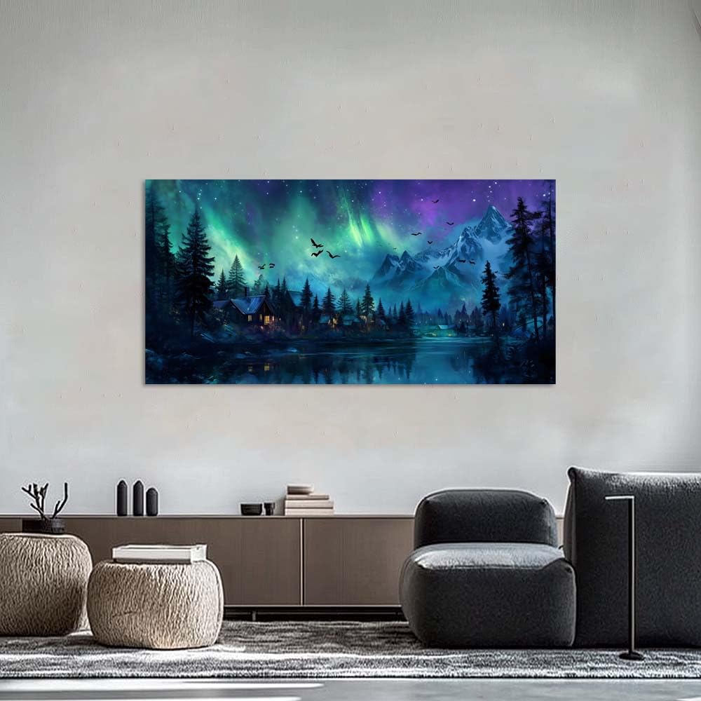 A Borealis Northern Lights Canvas Wall Art Mountain Landscape Cabin Painting Flat Print Gallery Wrapped Night Sky