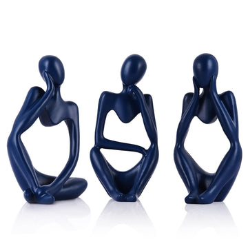 Navy Blue Thinker Statue Set of 3 - Navy Blue Decor for Table, TV Stand, Shelf, Desk - Resin Figurines, Minimalist