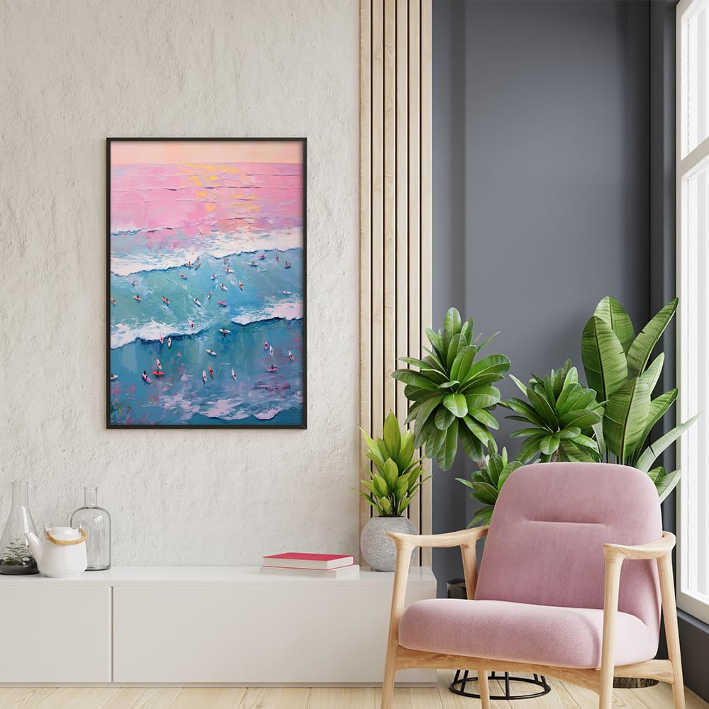 Trendy Summer Wall Art Blue Beach Poster Pink Sky Canvas Preppy Ocean Surf Print Beachy Painting Coastal Picture