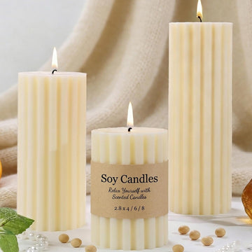 Ribbed Soy Pillar Candles,Cashmere Amber Scented - Set of 3