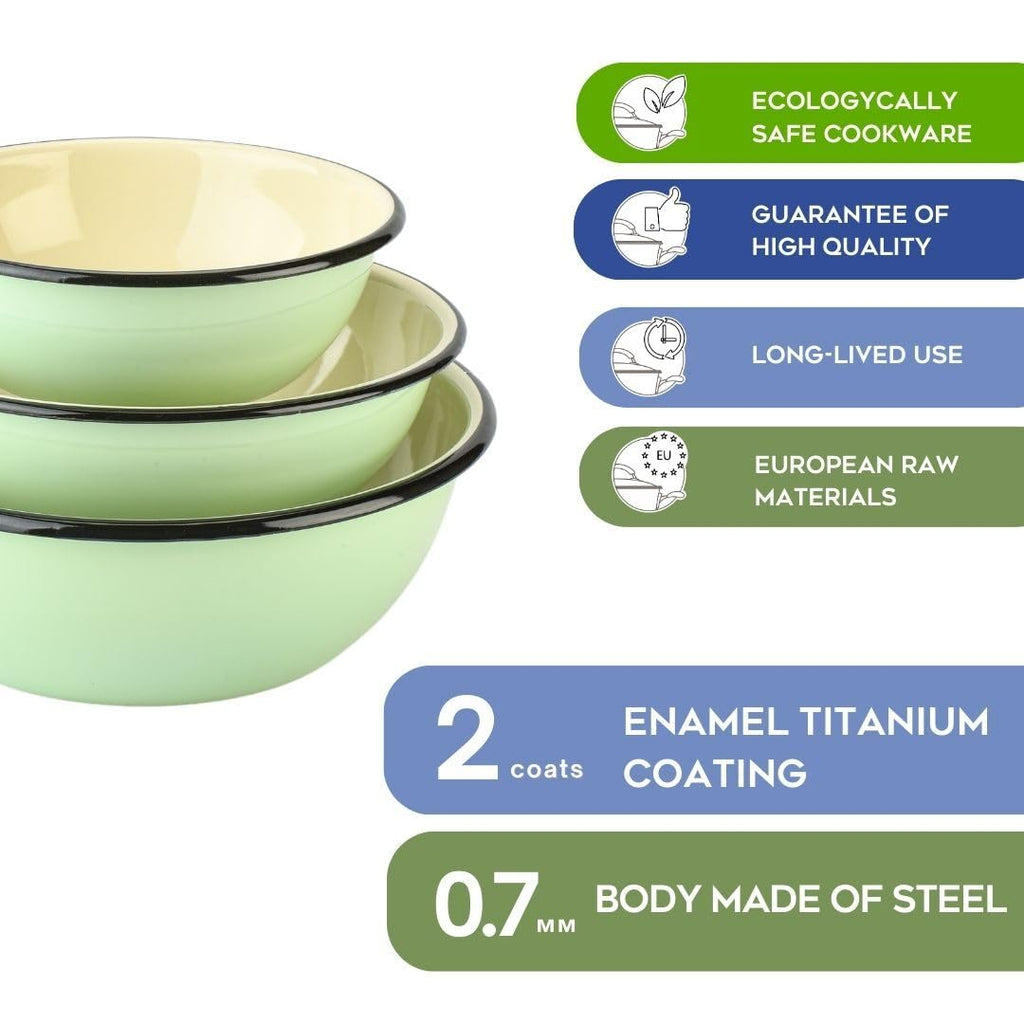 Enamel Bowl Set of 3 pcs Enamel Serving Bowls, Enameled Steel Mixing Bowls for Cooking Prepping, Kitchen Fruit Salad