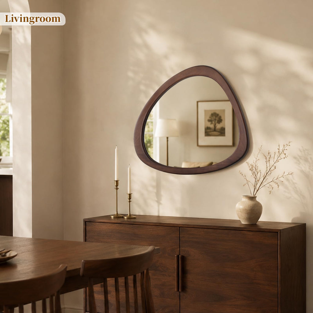 19" H x 23"W Asymmetrical Mirror, Irregular Wooden Wall Mirror - Mid-Century Modern Decorative Mirror, Solid Wood