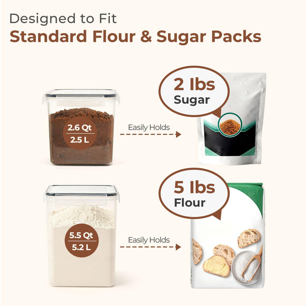 Airtight Flour and Sugar Container 2.6Qt & 5.5Qt 3Pack, Wide Mouth