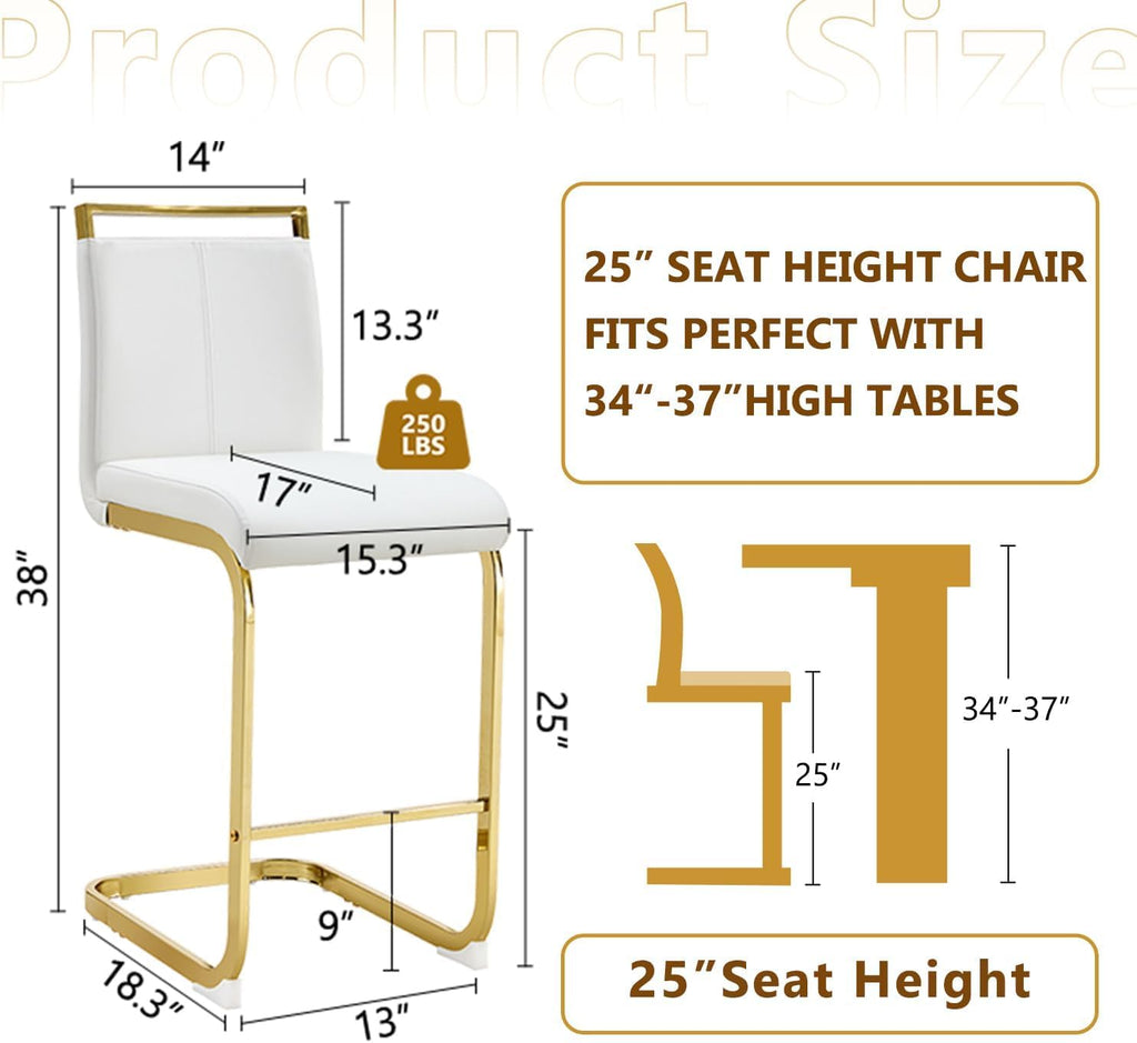 Bar Stools Set of 3, Counter Height Bar Stools with Backs, White Faux Leather Kitchen Stools with Gold Chrome Plated