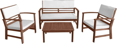 4-Piece Patio Conversation Set Acacia Wood Outdoor Sofa & Chairs with Coffee Table