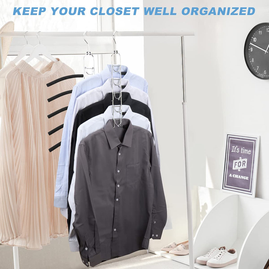 Space Saving Clothes Hangers, Multilayer Metal Hanger 2 Pack 5 in 1 Space Saver Coat Hangers, Anti-Slip Foam Padded
