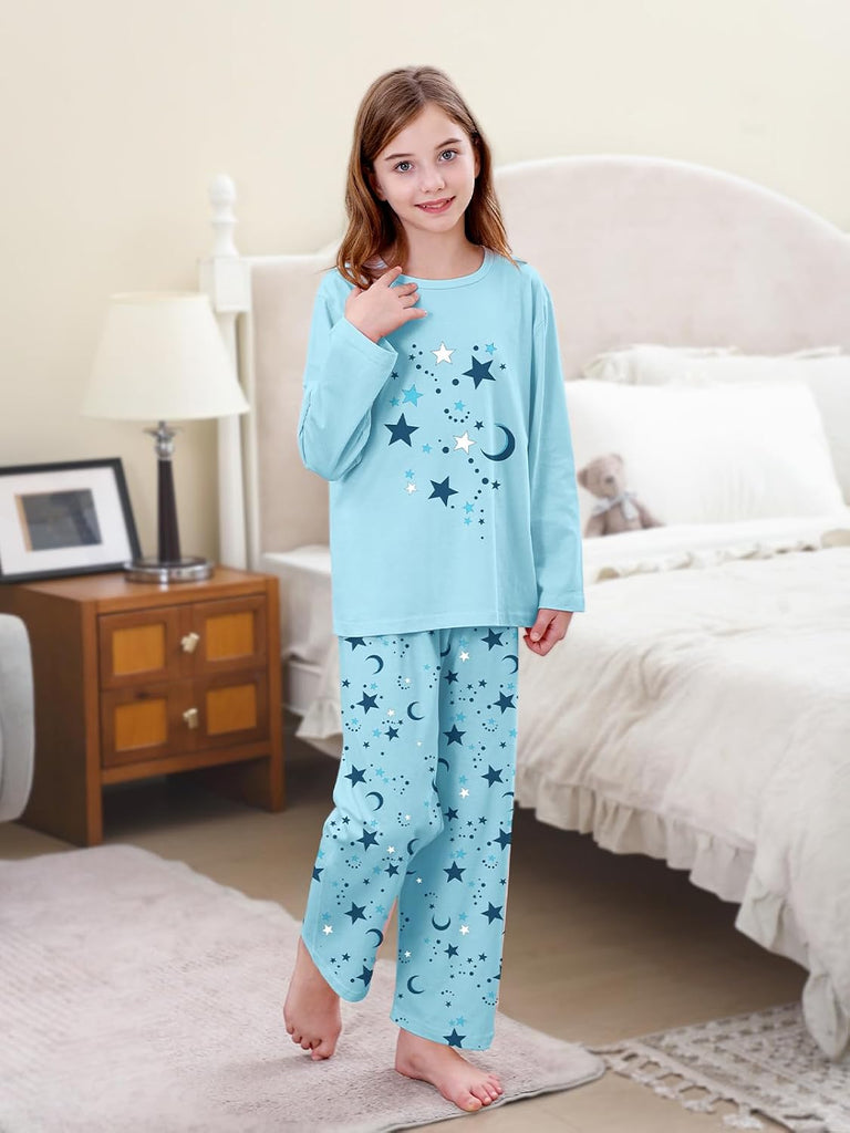 Piece Pajama Set for Girls, 100% Cotton Cartoon Pattern Sleepwear Pjs Set