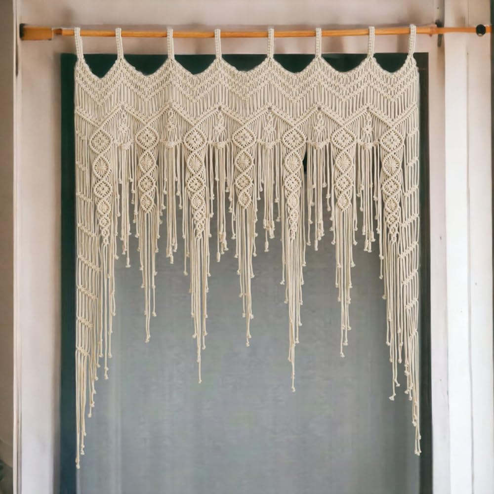 Macrame Valance Curtain for Kichen Windows 41.33 * 53.15Inch Farmhouse Boho Curtains Window Tassels Leaf Valance