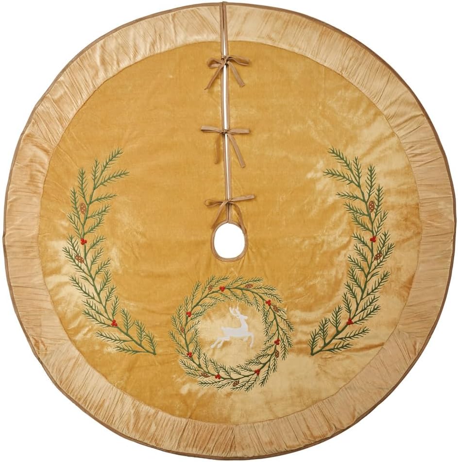 X.Sem Pine Branches Embroidered Velvet Christmas Tree Skirt with Pleat Velvet Border 50'' (Gold, 50 inch)