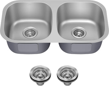 Premier 32-inch Undermount 50/50 Double Bowl 18-Gauge Stainless Steel Kitchen Sink with Strainers (x2), KBU22