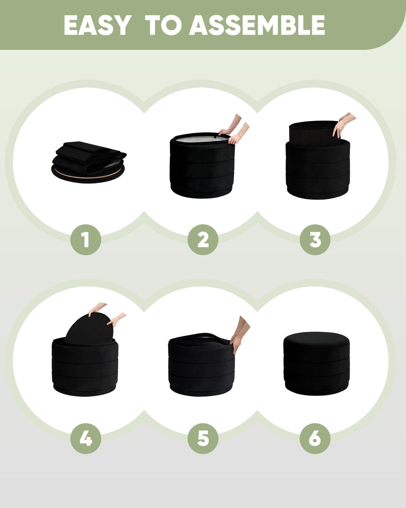 22.8" Round Velvet Storage Ottoman with Tray, Black