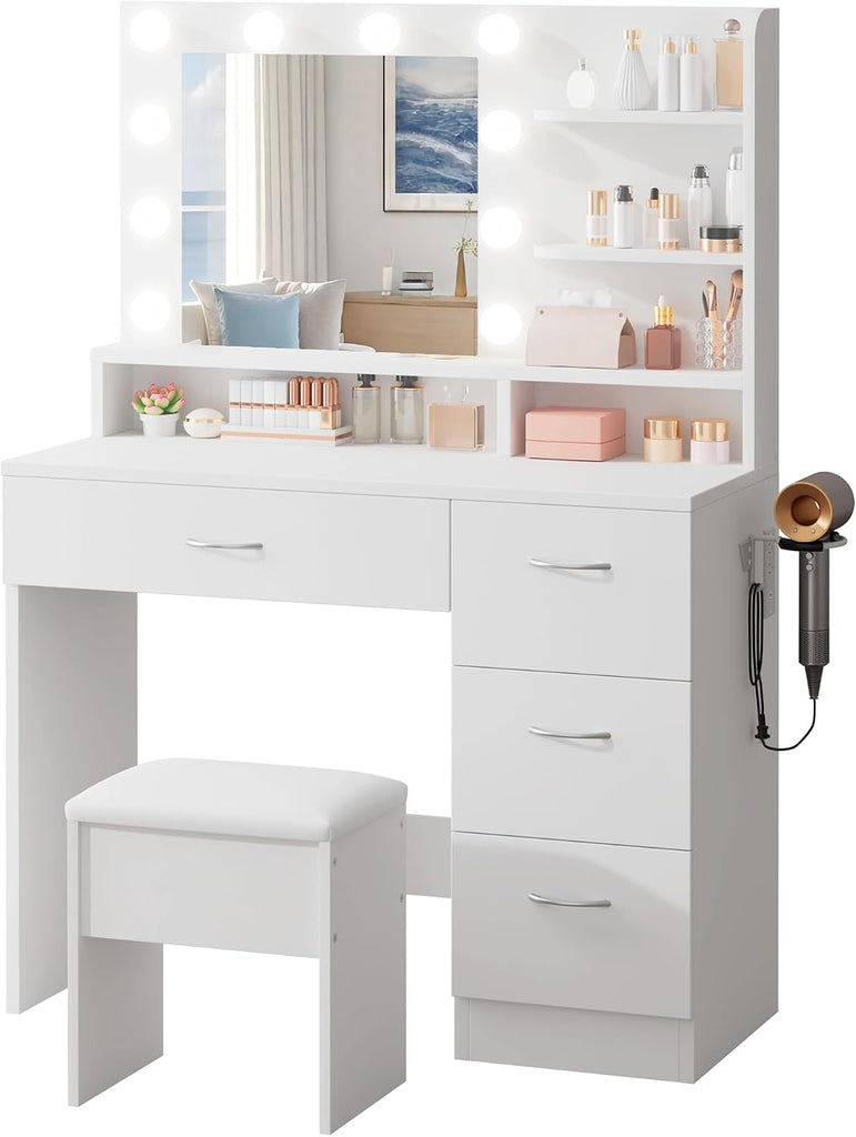 White Makeup Vanity Desk with Charging Station & 4 Drawers | 10 LED Bulbs, HD Mirror, Cushioned Stool, Hairdryer Rack