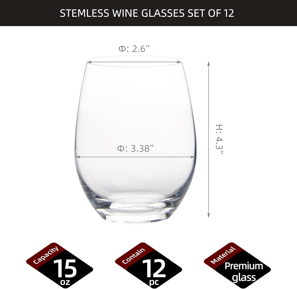 Stemless Wine Glasses Set of 12, 15 Ounce Smooth Rim Standard Wine Glass Tumbler for Red, White Wine, Dishwasher Safe