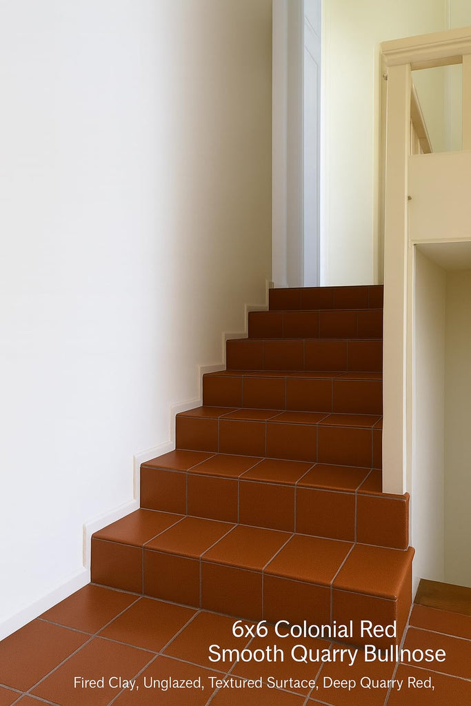 6x6 Colonial Red Smooth Quarry Bullnose Tile - Rounded Edge Ceramic Trim for Commercial Kitchen, Restaurant, Stair &