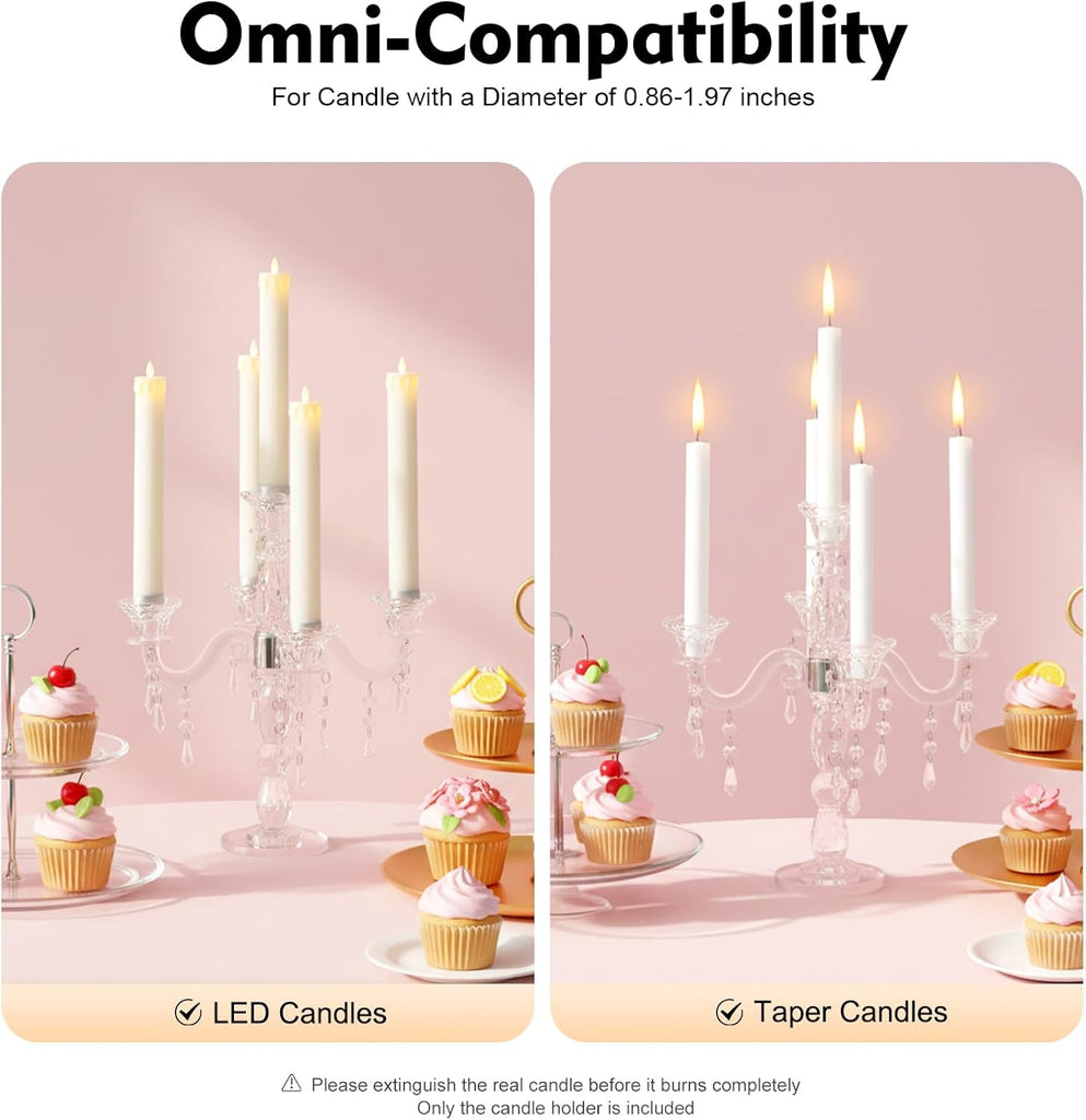5-Arm Crystal Candelabra with Hanging Prisms & Round Mirror Base, Faceted Cut Crystal Glass, Clear Wedding