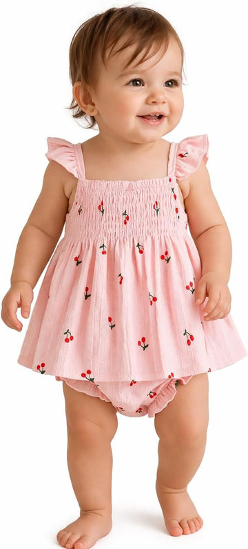 Baby Girl Cherry Print Piece Outfit, 100% Cotton Smocked Sleeveless Dress & Ruffle Bloomer Shorts Clothing Set