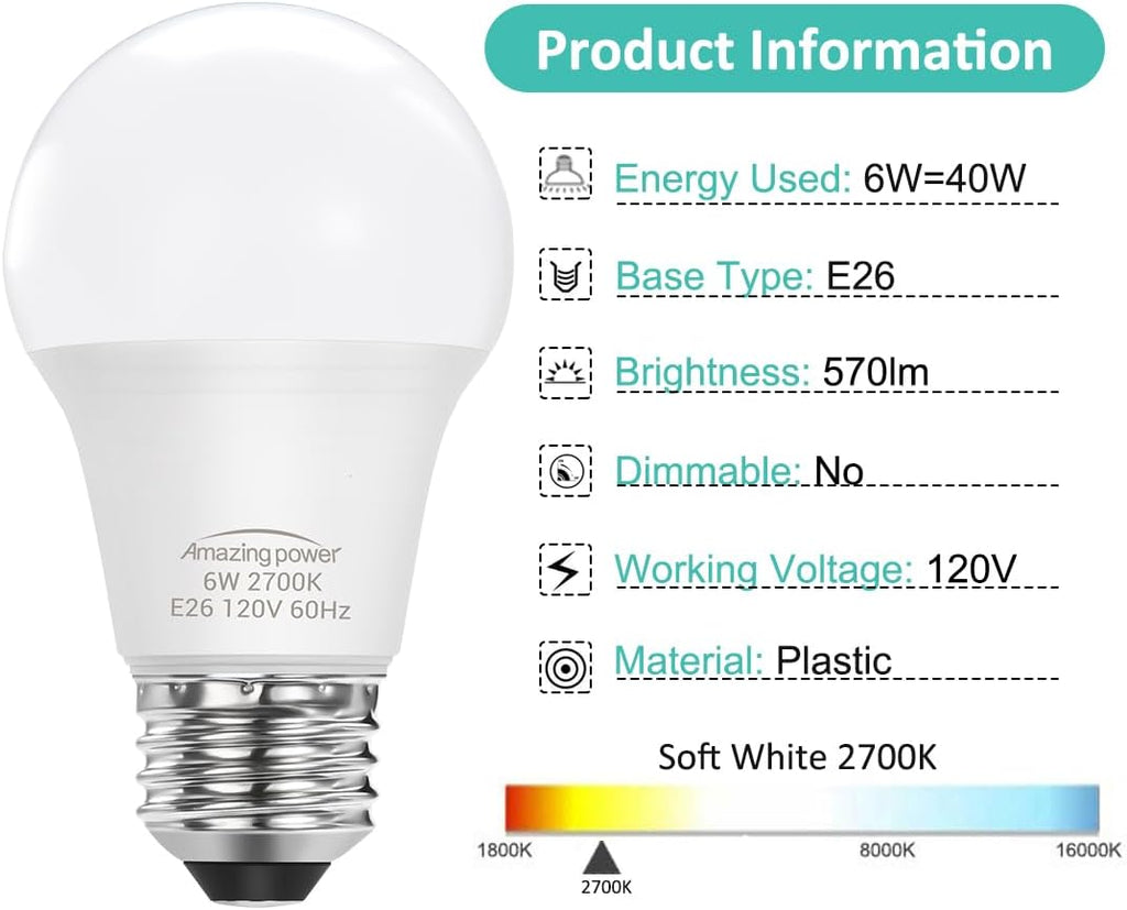 6W E26 LED Bulb, 40W Equivalent Light Bulbs, Soft White 2700K