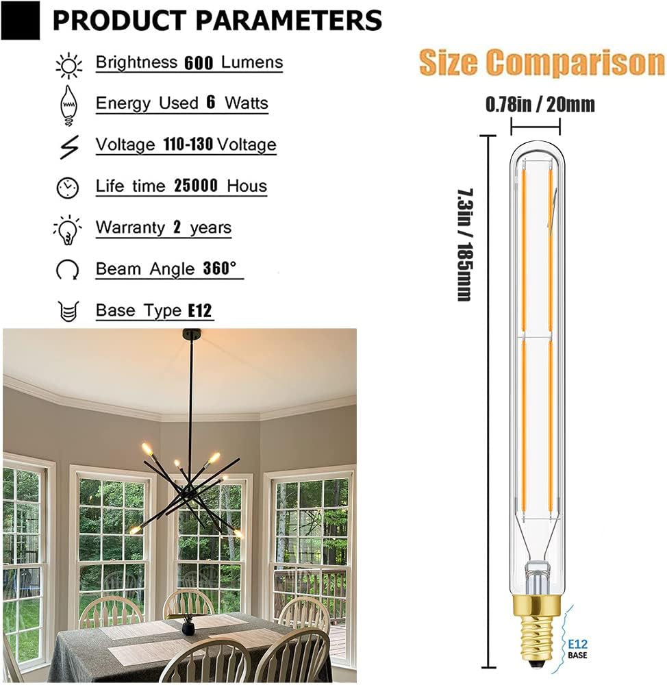 E12 LED Tube Bulbs,T6 Tubular Edison Style LED Filament Bulb, 6W Dimmable Antique LED Bulb,E12 Base,Clear Glass,Warm