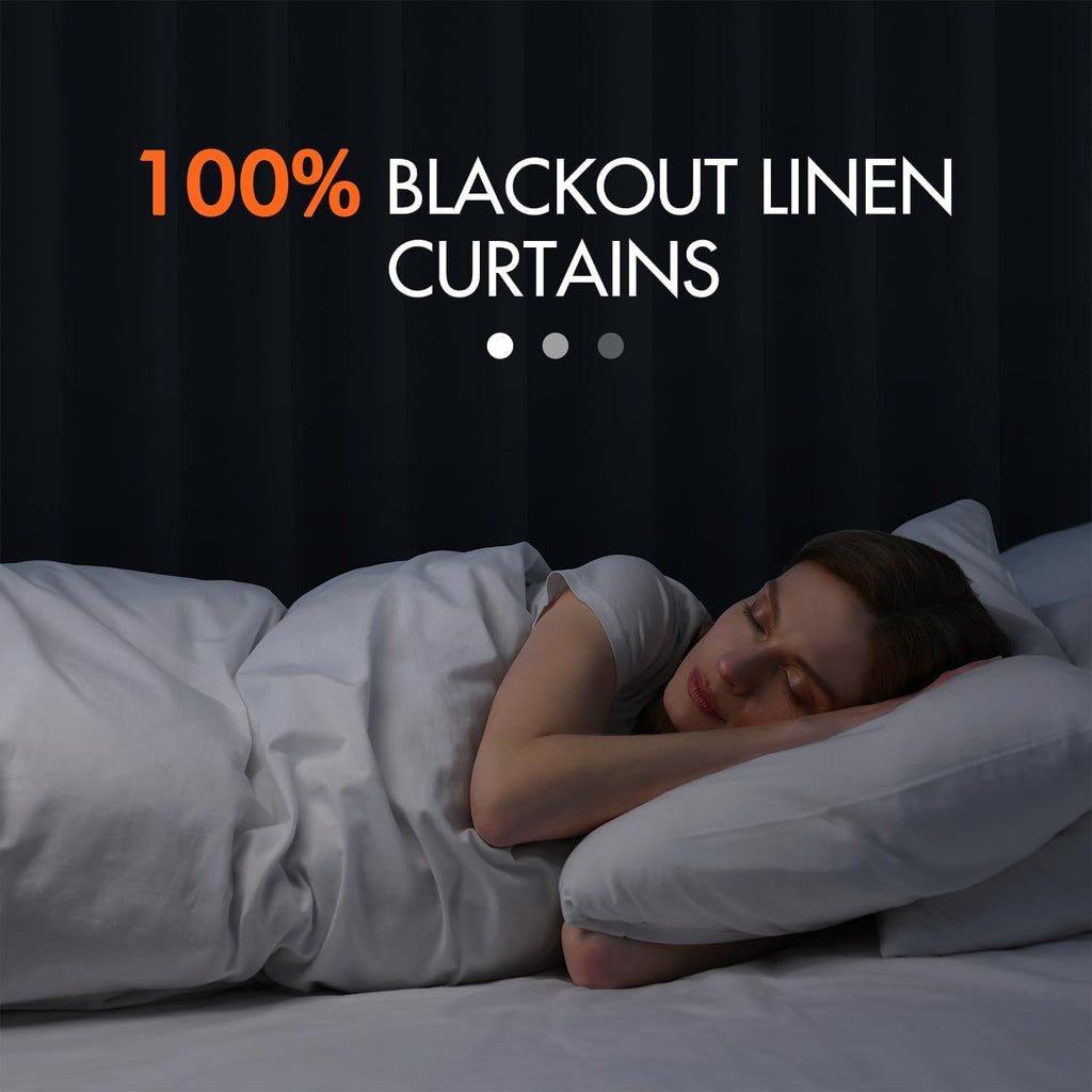 100% Blackout Back Tab Pleat Linen Curtains 50"Wx120"L,Chambray Blue - Set of 2