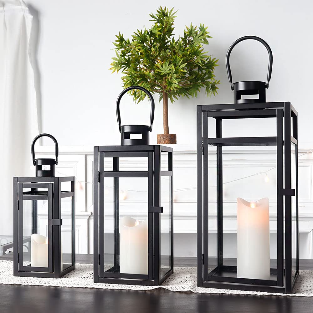 Stainless Steel Lantern Set of 3 - Assorted Sizes (12/15/19 Inch) - Tall Metal Hanging Lanterns with Clear Glass