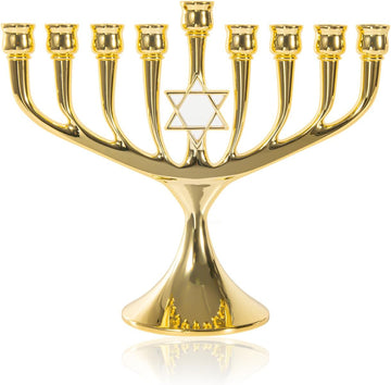 Hanukkah Upgrade Cups with Built-in Pins, Star of David Candle Holders 9 Branches Gold Plated Candlesticks Jewish