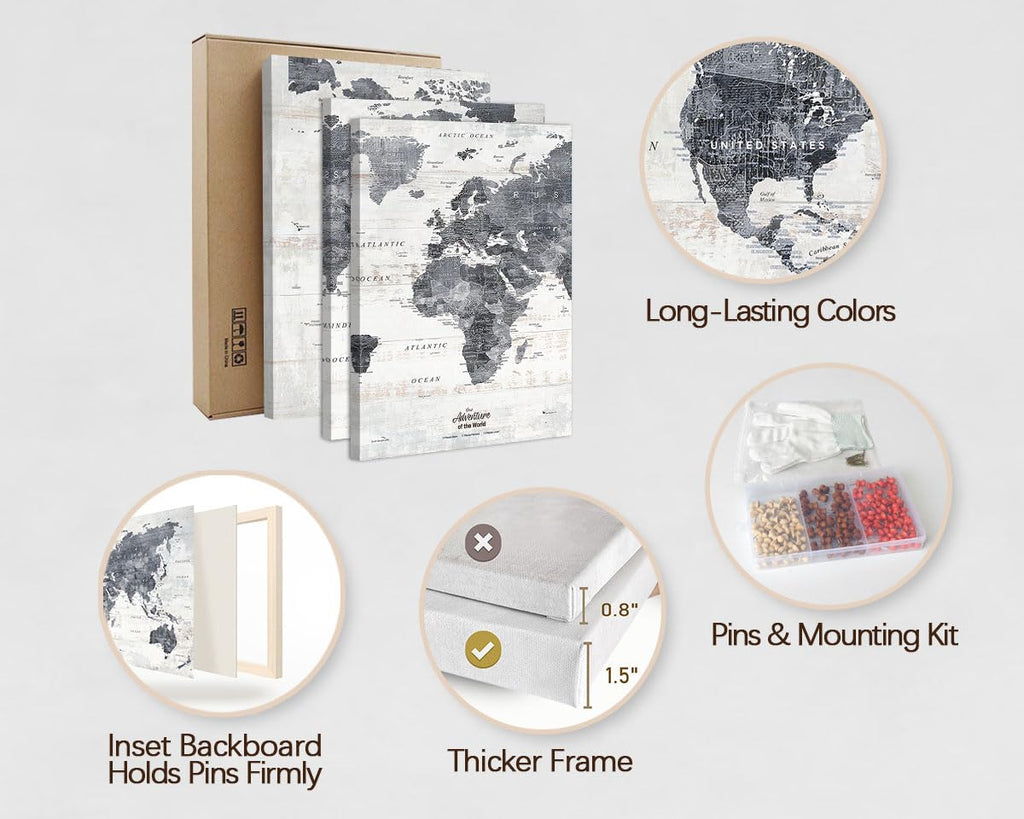 Framed Push Pin Travel Map World Motivational Canvas Picture Gray