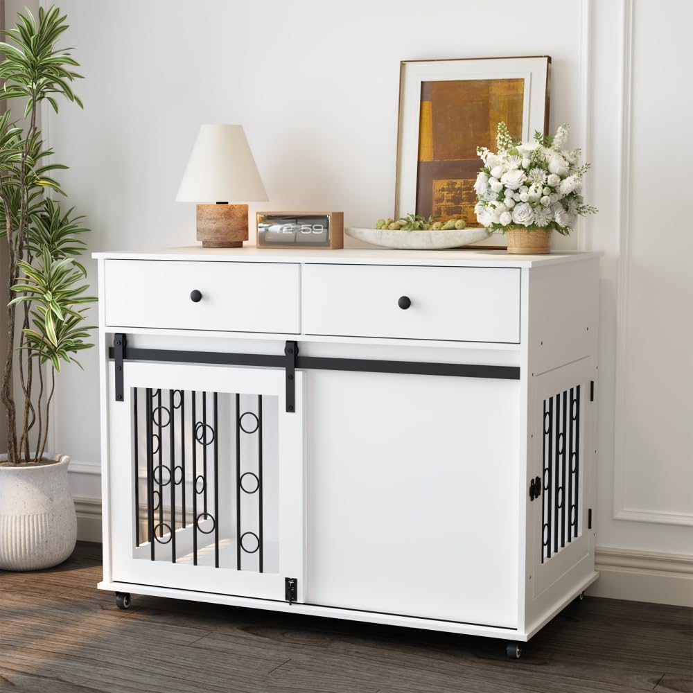 Dog Crate Furniture Wooden Dog Crate Pet Kennel - Dog Cage End Table, Sliding Barn Door, Lockable Wheels, White