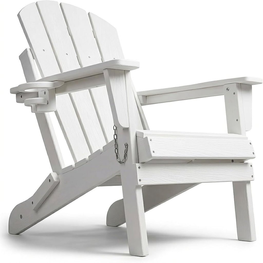 HDPE Adirondack Chair, Folding Outdoor Patio Chair with Cup Holder, Weather Resistant Wood Grain Lawn Chair for