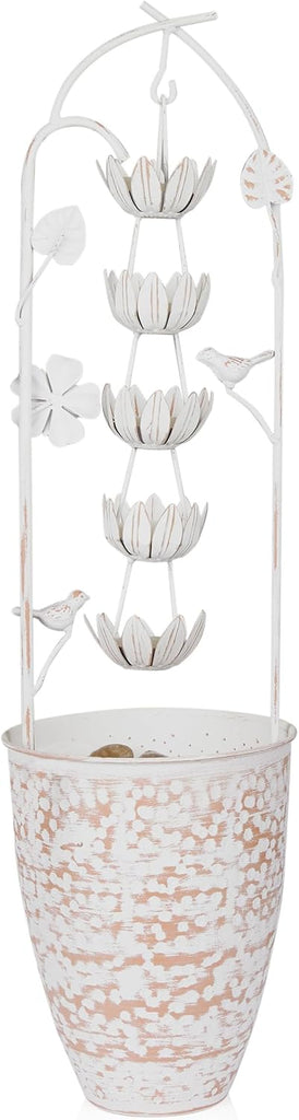 30" Tall Metal Rustic Water Fountain with Decorative Flower, Cascading Waterfall Feature for Gardens, Patios