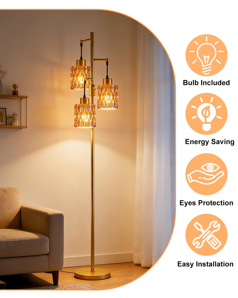 Glass Floor Lamp 3-Light Modern Gold Tall Lamp with Amber Cylinder Shade