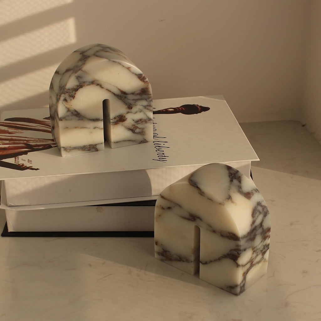 Set of 2 Natural Calacatta Viola Marble Bookends for Shelves, Decorative Book Ends for Heavy Books, Book Stopper