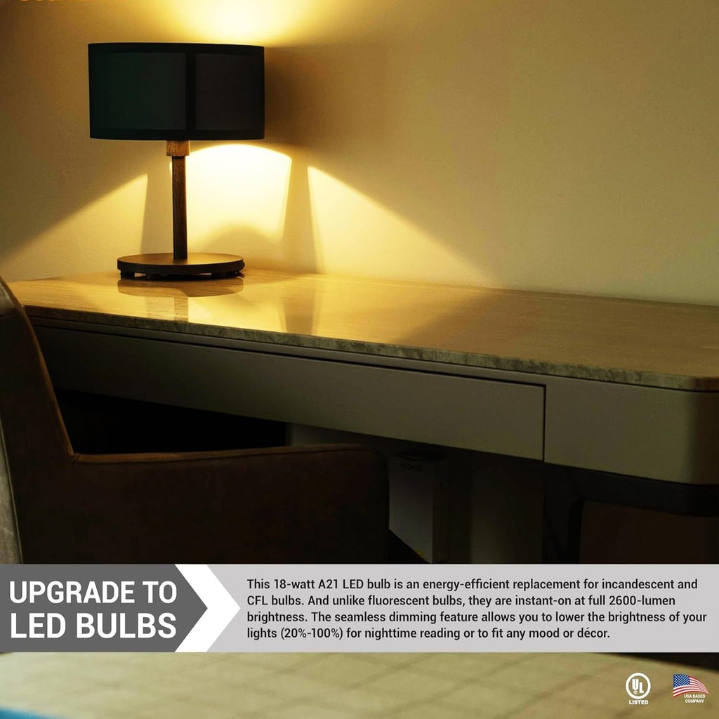 A21 LED Light Bulb 18W (150W Equivalent) 2600 Lumens Dimmable 3000K Soft White E26 Medium Base 220° Beam Angle UL