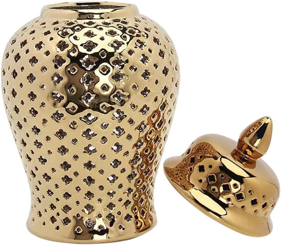 Ceramic Ginger Jar with Lid Lattice Decorative Temple Jar Cut Out Ceramic Vase and Kitchen Decoration Golden 22x10cm