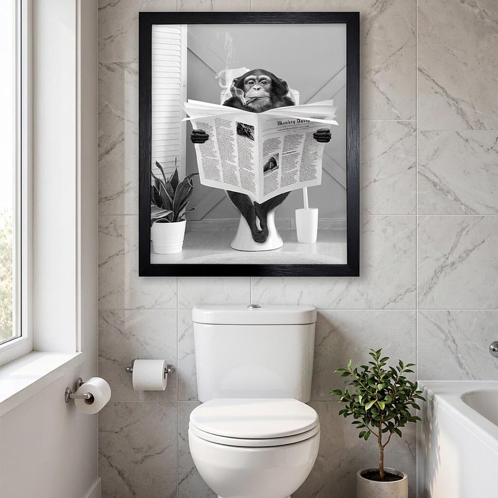Bathroom Canvas Wall Art, Monkey Reading Newspaper Framed Art Decor, Animal Picture Bathroom Restroom Wall Decor